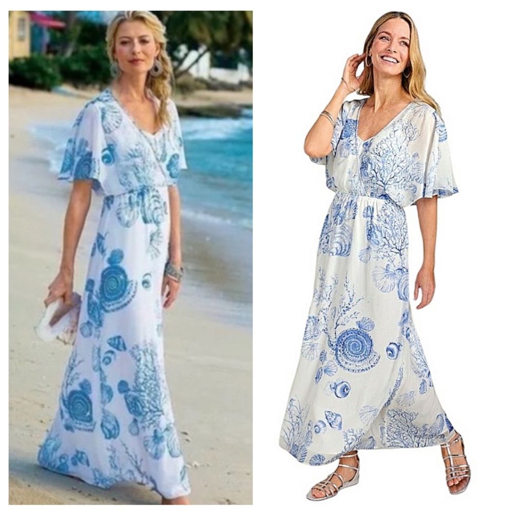Soft Surroundings Coastal Sequin Beaded SeaShell Captiva Beachy Maxi Dress